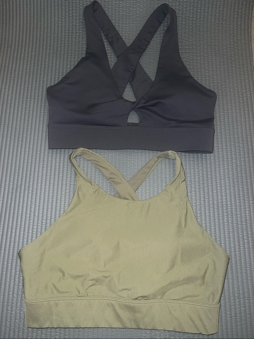 Fabletics Cross-Back Sports Bras — Gray & Olive